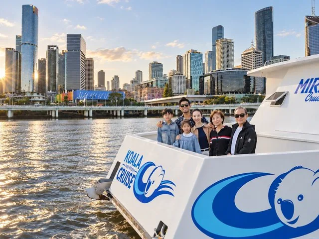 Familie poseert op een boot voor koala- en riviercruises met de skyline van de stad op de achtergrond